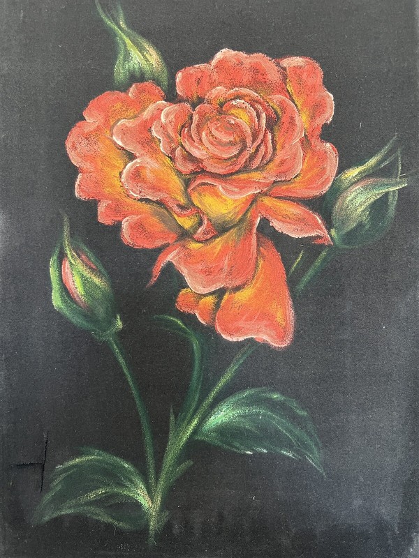 Red Roses Flowers Floral Old vintage black velvet oil painting art