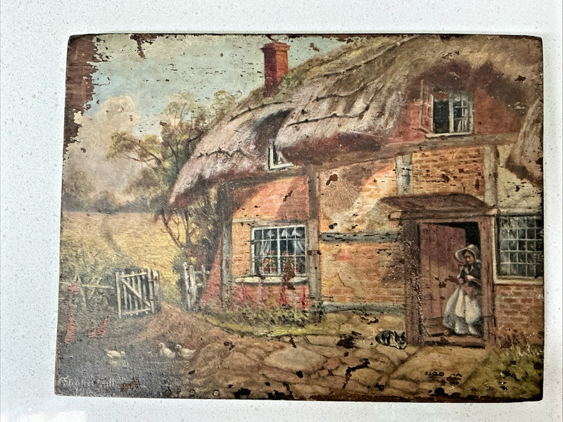 English Cottage Scene Oil Painting on Mahogany Board signed Frank Gill 1942