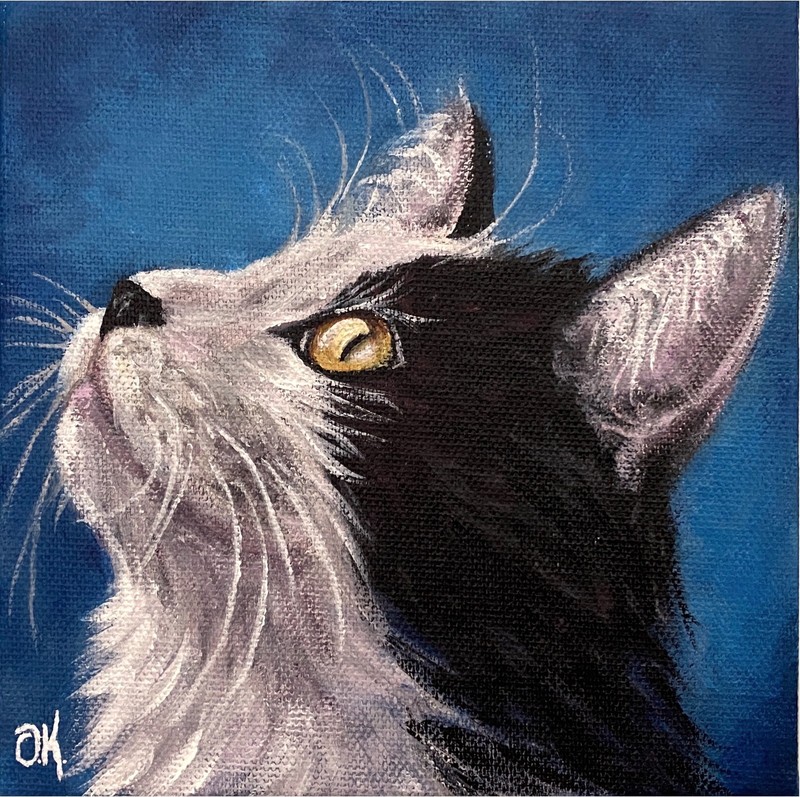 Original Black & White Acrylic Cat Painting Handmade Portrait Wall Art 6″x6″