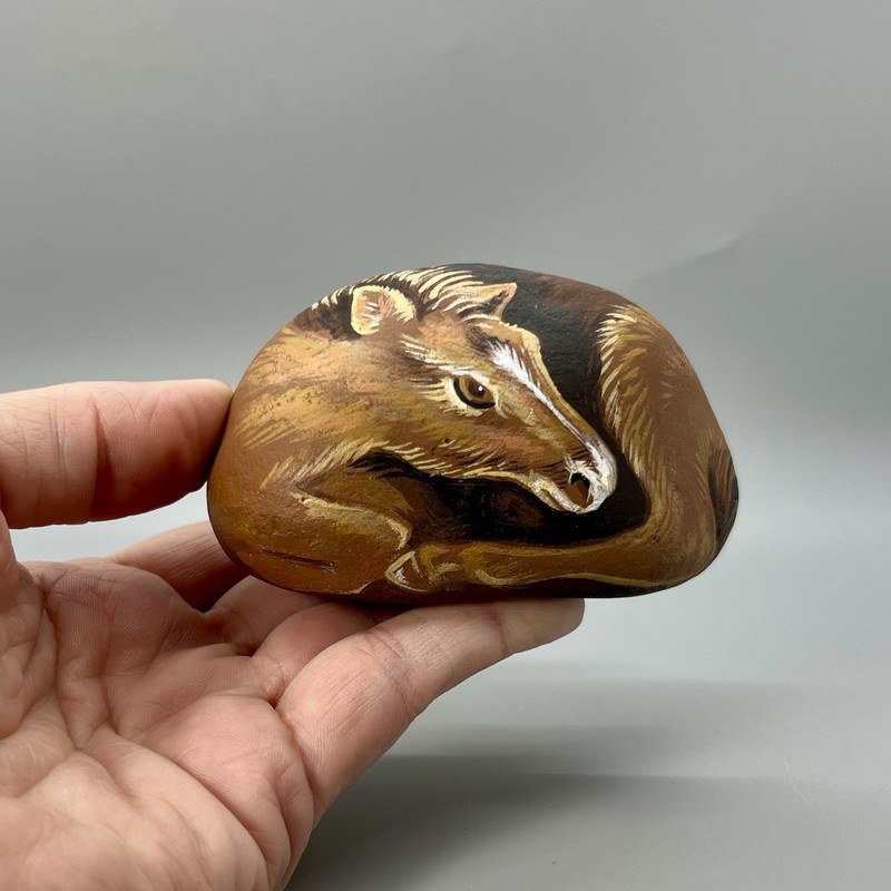 Original Hand Painted Brown Horse On Rock Paperweight Doorstop Signed Stone Art