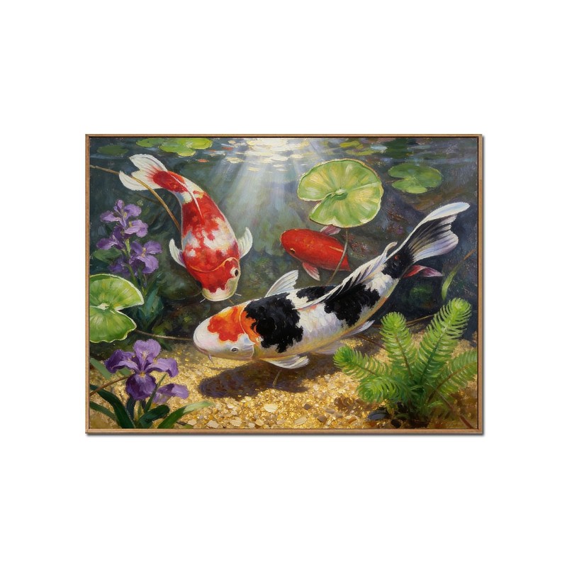 Framed Art Feng Shui Koi Fish Landscapes Hand Painted Oil Painting on Canvas Art