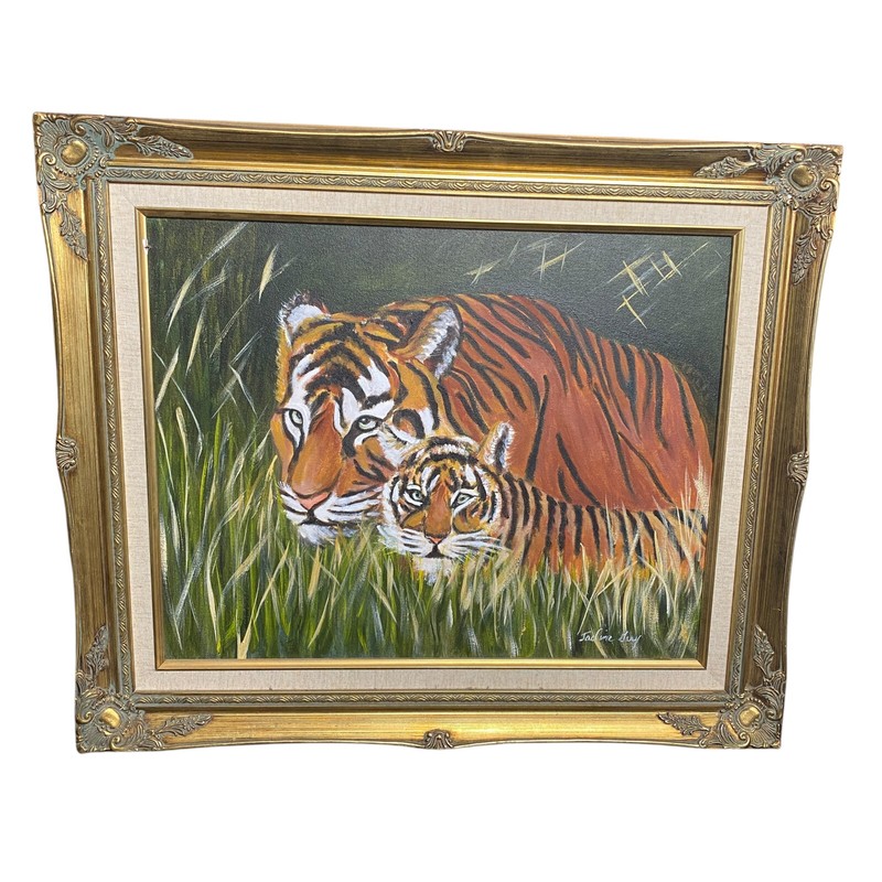 TIGER & CUB IN GRASS ORIGINAL OIL ON BOARD LANDSCAPE PAINTING SIGNED 26×21