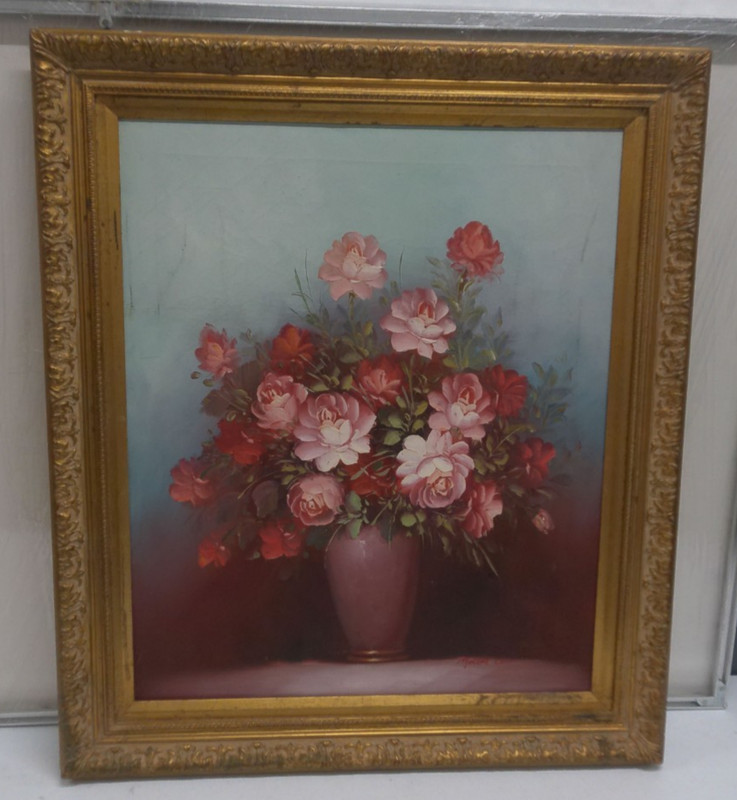 Vintage Robert Cox Oil Painting Roses Floral Still Life Gold Frame 29×25