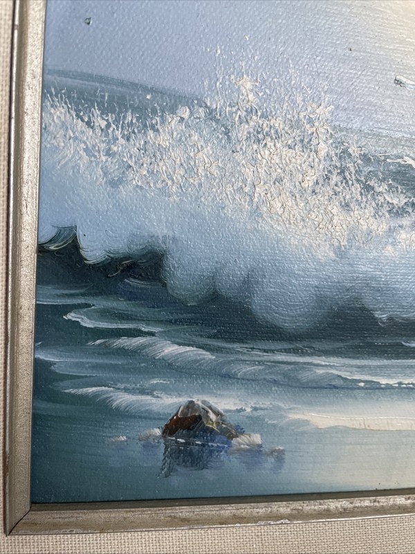 Orig. Painting Oil on Canvas Signed Seascape Seagulls w/Ocean Wave Framed 12x14” gallery