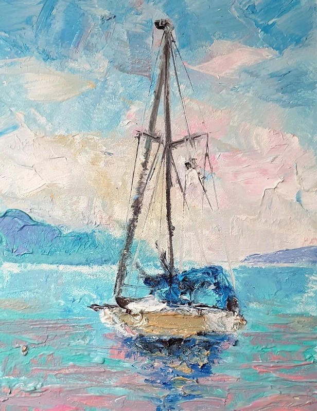 Sailboat Seascape Original Art, Sailing Oil Painting, Boat Impasto Artwork