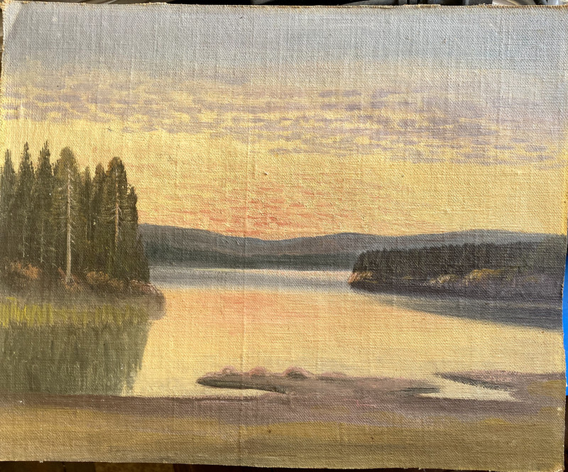 Oil Painting Landscape Evening Mood Sweden Antique Birch Lake Shore Unsigned