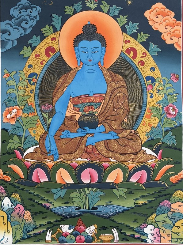 ORIGINAL HAND-PAINTED MEDICINE BUDDHA/MASTER TIBETAN THANGKA / THANKA PAINTING gallery