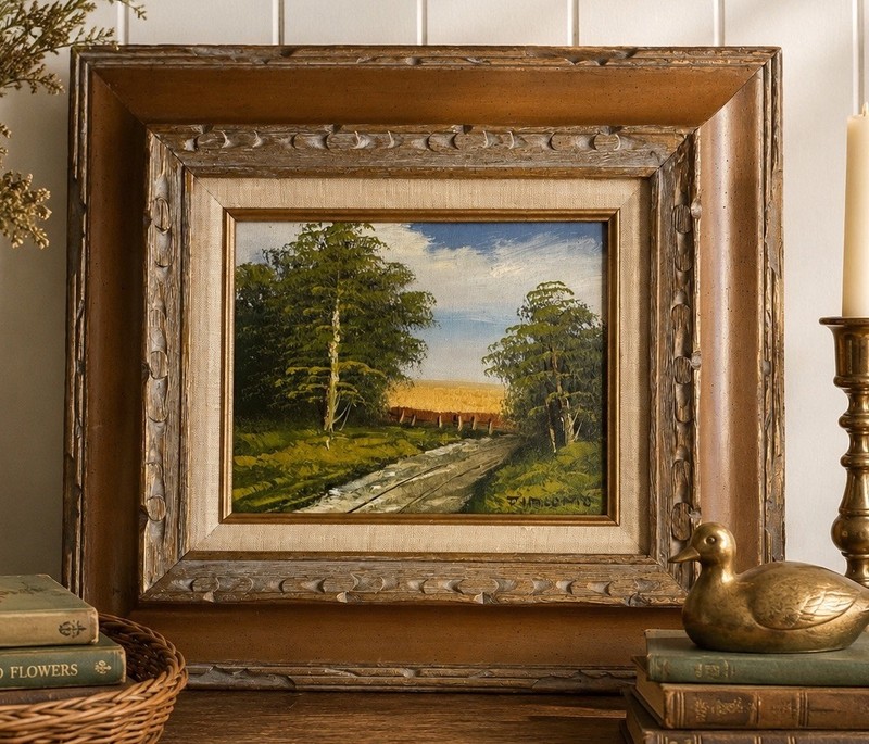 VTG Signed Oil Painting Wheat Field Country Landscape Framed Rustic Art 18×16