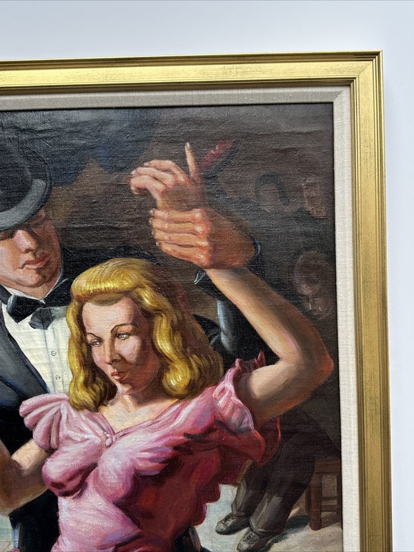 ANTIQUE PAINTING WPA STYLE ASHCAN PORTRAIT DANCING DANCE HALL MYSTERY ARTIST OIL gallery