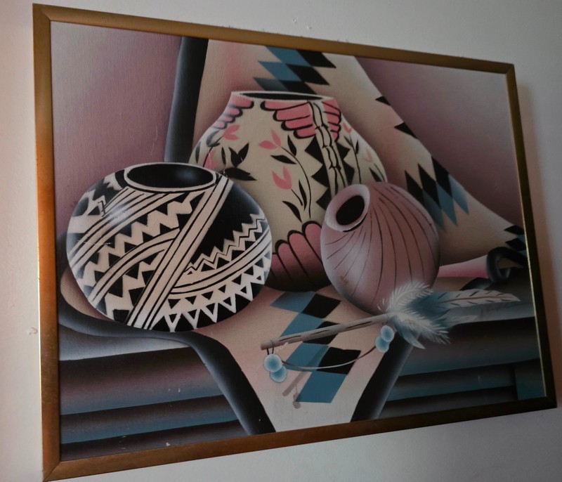 original canvas art painting Native American Pottery on blanket signed J Kendall