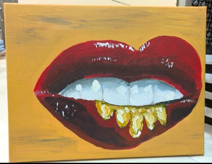 Hand-Painted Pop Art Red Lips Gold Teeth Acrylic Painting on Canvas