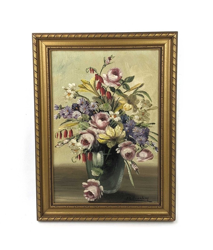 Vintage Mid Century Modern Floral Oil Painting Vase of Flowers Bouquet Signed