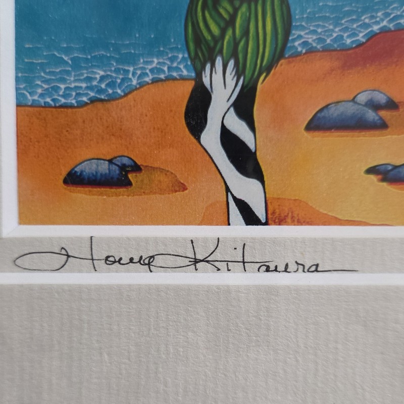 H Kitaura Signed Matted Pop Art Painting Cow on Tropical Beach Kauai Hawaii gallery