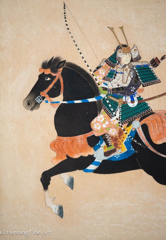 Antique / Vintage Japanese Silk Painting of Samurai Warrior on Horseback 16x19" gallery