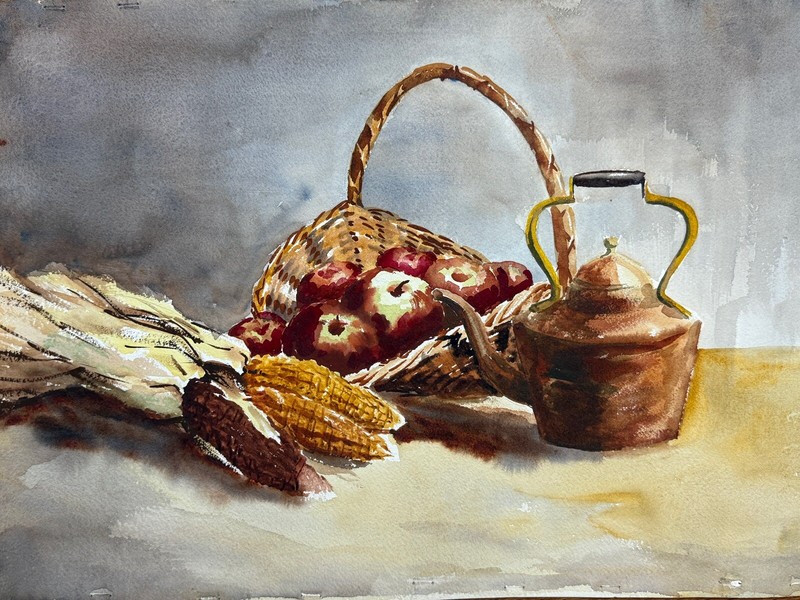 Vintage Unknown Artist Still Life Fruit Teapot Watercolor Painting on Paper