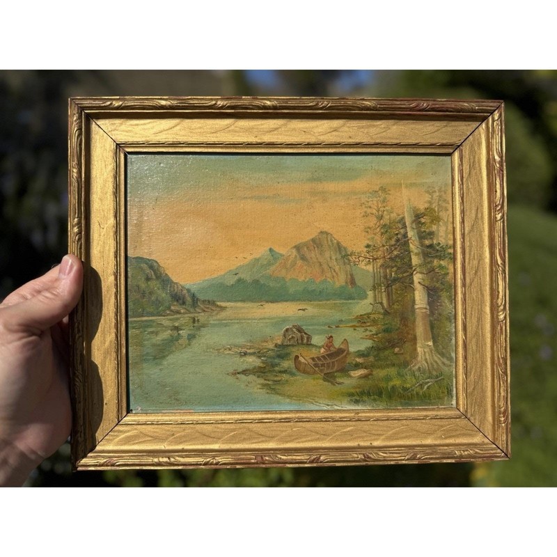 Late-1800s Antique Oil Painting – Indigenous Canoe Scene, Original Frame gallery