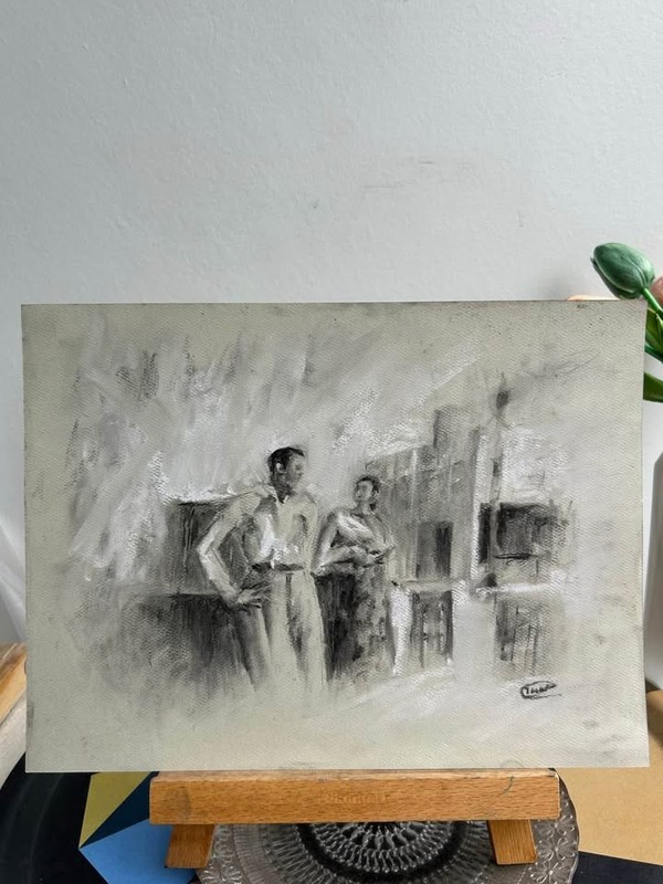 Signed Charcoal Painting, Grayscale Couple Portrait, 12x9in Romantic Wall Art gallery