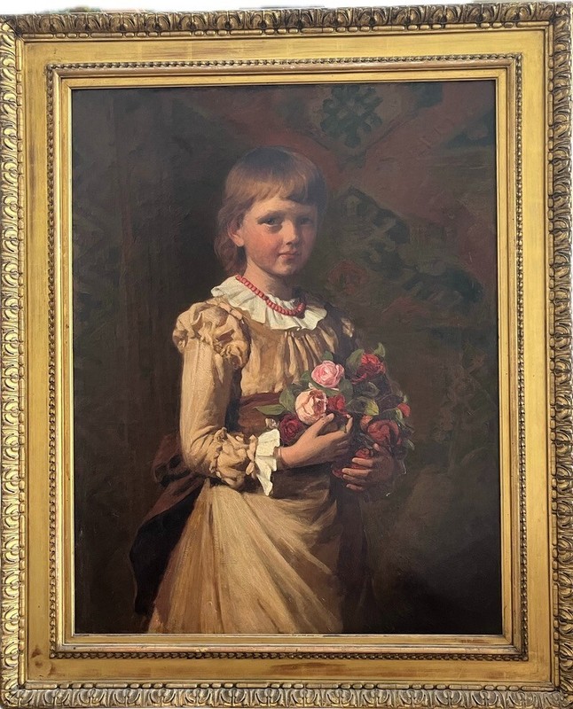 Very Large painting Full length portrait of a young lady with a posy of flowers