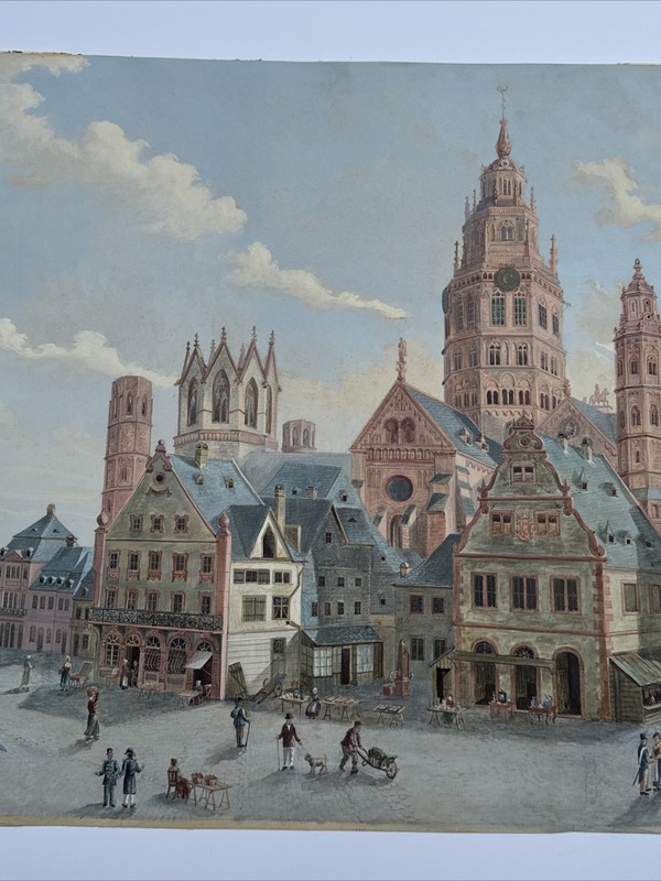 ANTIQUE PAINTING MASTERFUL ARCHITECTURE FAMILY COMMUNITY CITY TOWN WEIGAND RARE gallery