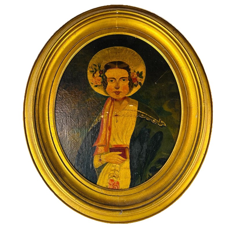 Antique 19th C. American folk art Oil portrait spiritual woman gilded oval frame