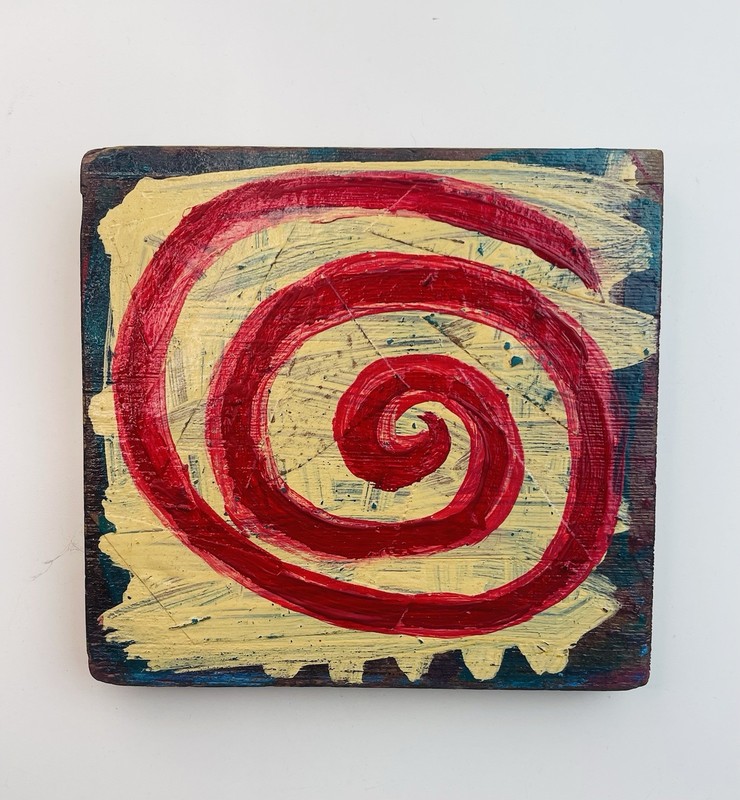 Original Painting .. Red Spiral .. Acrylic On Reclaimed Wood With Collage Base