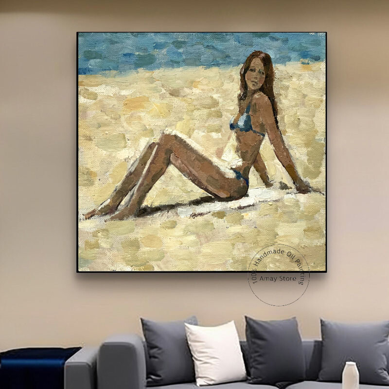 Handpainted Woman Sitting On The Beach Oil Painting On Canvas Wall Art For Decor