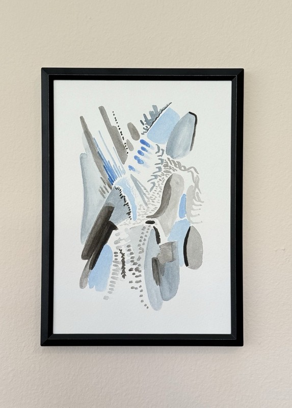 Original Abstract Watercolor Painting Blue & Gray Modern Art 5×7, Signed &Framed