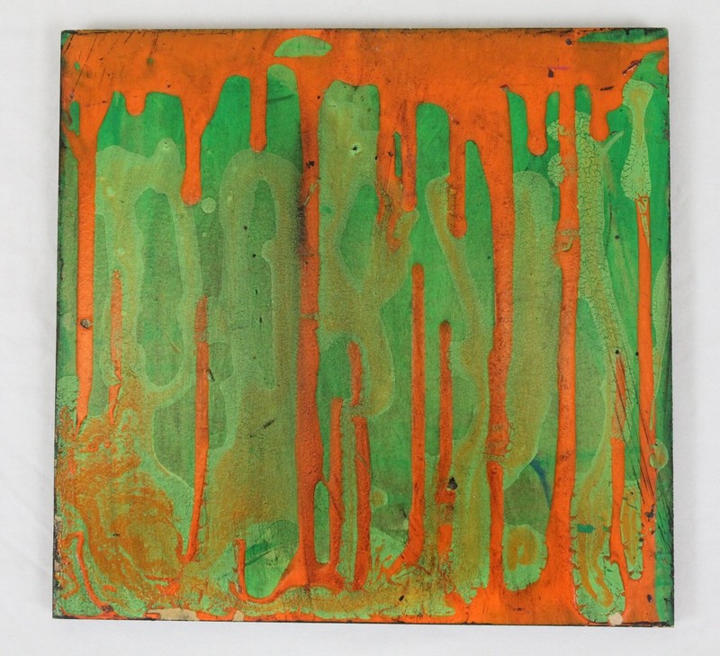 Original 12×12 Contemporary Abstract Modern Art Drip Painting Green Orange Black