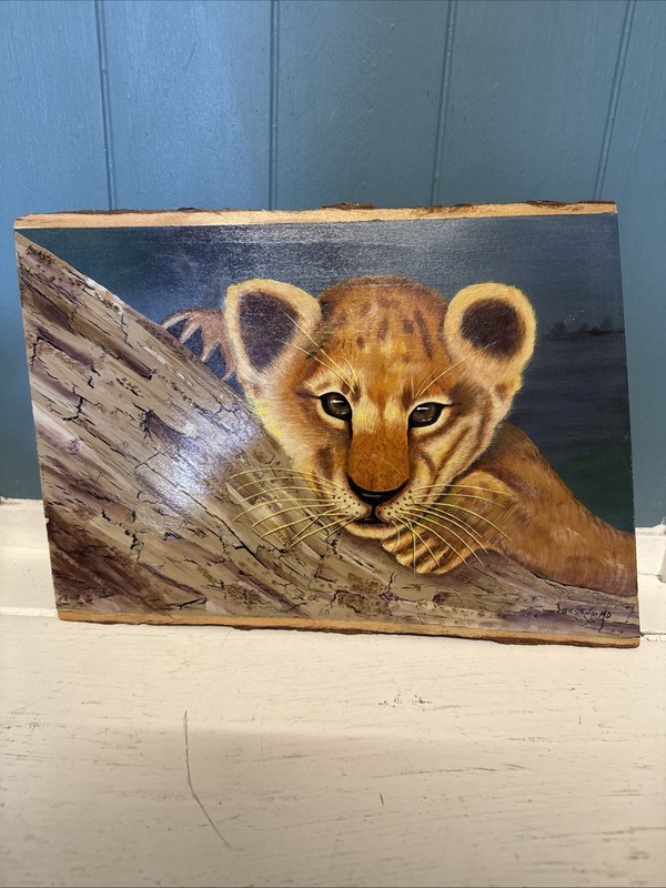 Vtg Lion Cub Portrait Original On Tree Bark Wall Art Decor Signed Wm. Stephan MD
