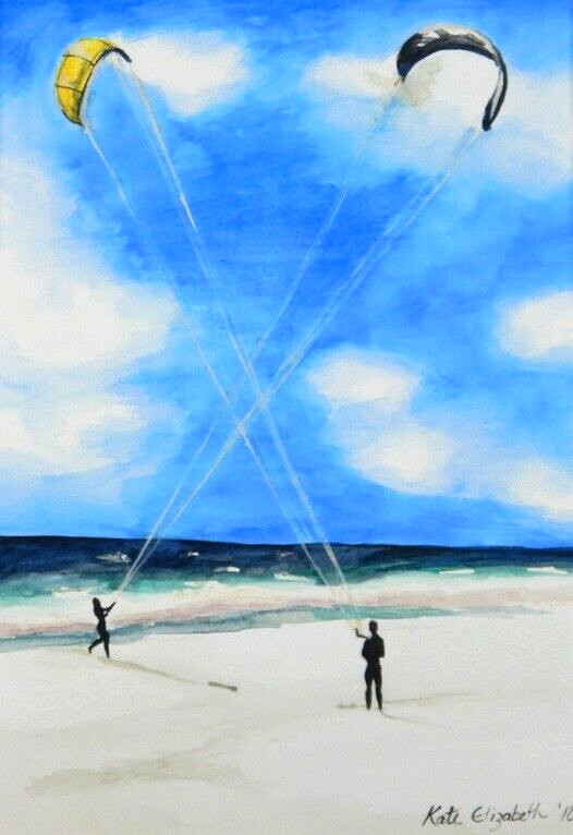 AUSTRALIAN WATERCOLOUR PAINTING FLYING KITES BY KATE ELIZABETH 2010 P417