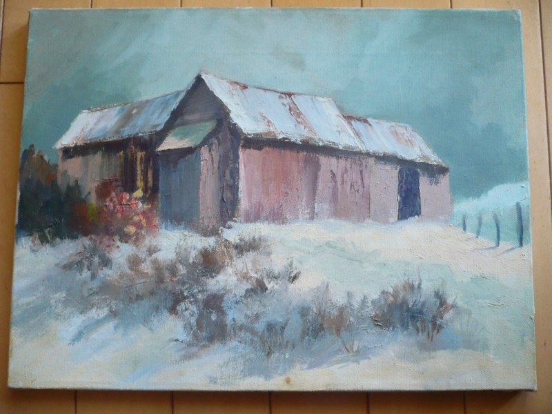 MYSTERY ARTIST VINTAGE ARTWORK, IMPRESSIONIST SNOWY WINTER LANDSCAPE CABIN SNOW