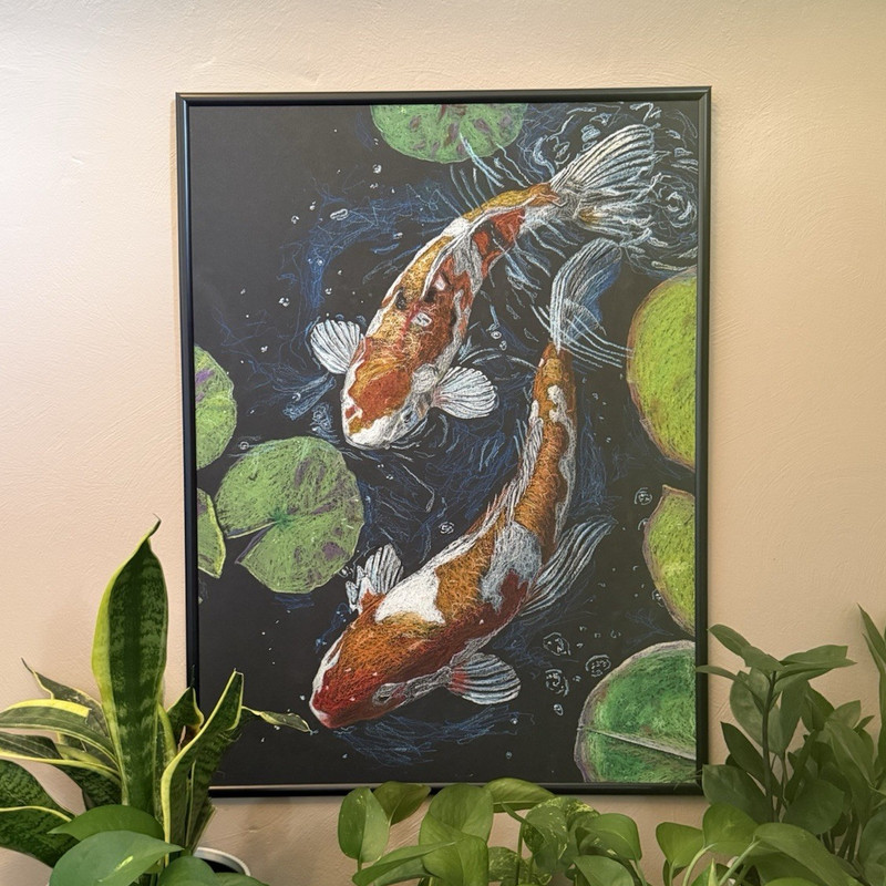Original Koi Fish Oil Pastel Painting Framed Fine Art Pond Lily Pad 18×24”