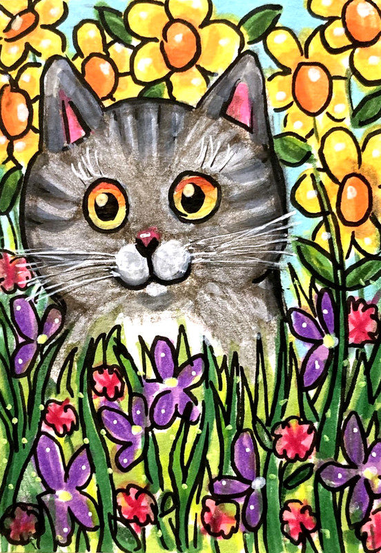 Kitten in the Flowers Cat Original ACEO Mixed Media Painting Drawing amylenore