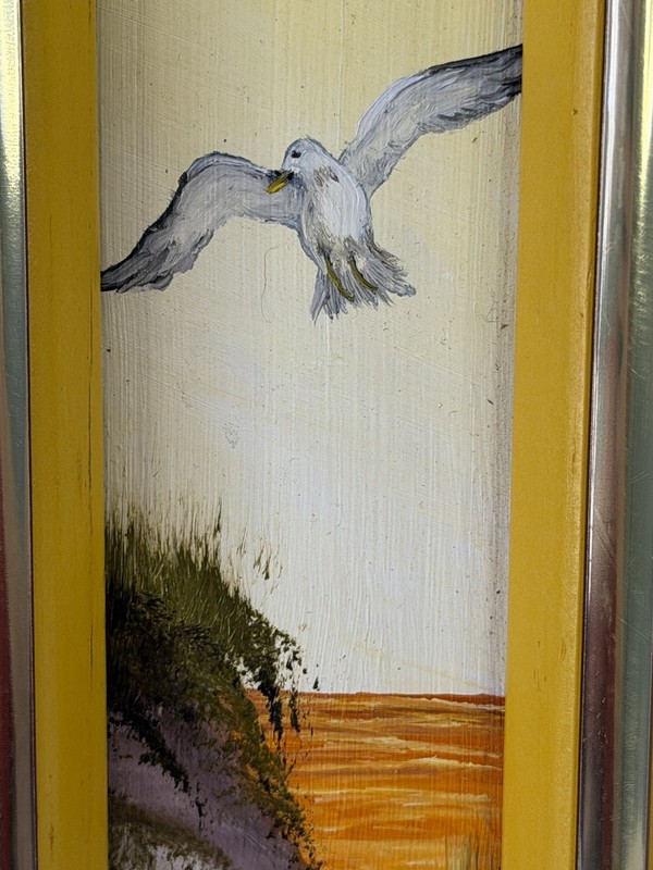 Vintage Seagulls Sunset Beach Oil Painting Board Signed RR Yellow Wood Frame