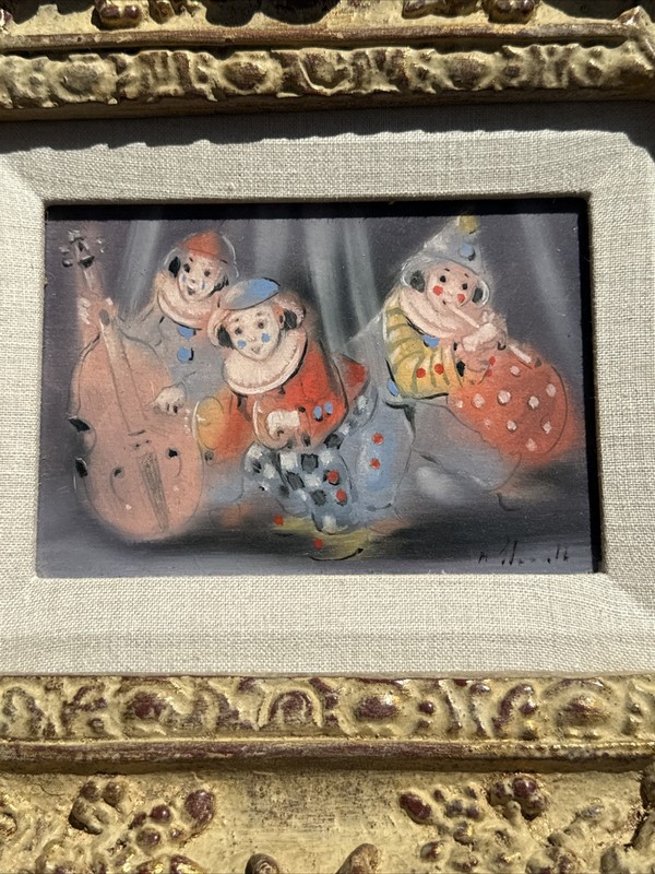 VINTAGE CIRCUS Musicians PAINTING SMALL WITH LARGE ORNATE FRAME 5 BY 7 " HORVATH gallery