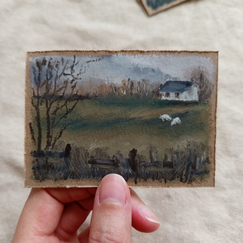 Original ACEO Sheep Farm Countryside Landscape Painting Miniature Moody Art gallery