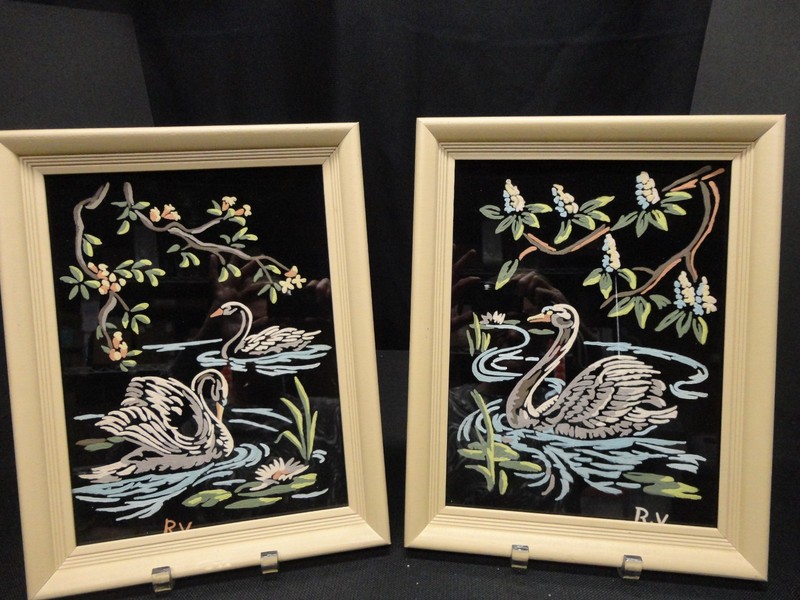 Vintage Paint By Number Swans Acrylic On Velvet Framed 14” x 11” Nice Set