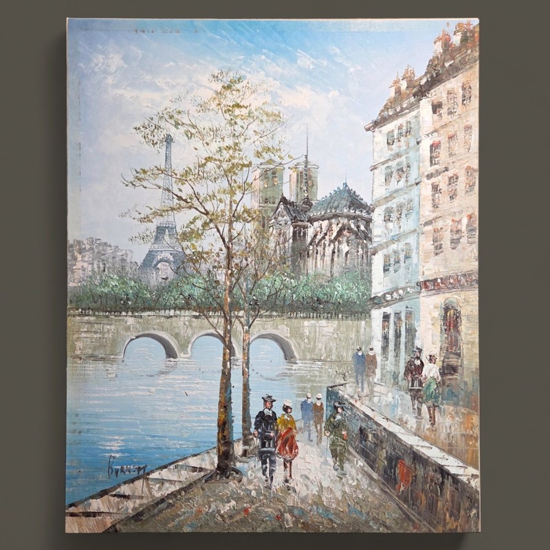 Vintage Impressionist Paris Cityscape Oil Painting Seine Notre Dame Eiffel Tower