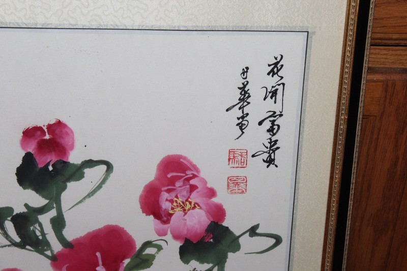Chinese Painting Red Rose Flowers Signed Stamped Framed Chinese Painting gallery