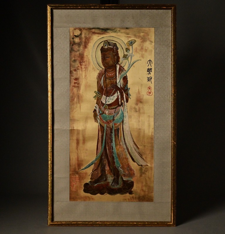 Chinese Antique Original Vintage Signed Asian Buddha Silk Scroll Brush Painting