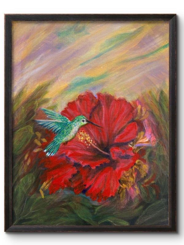 RED HIBISCUS AND HUMMINGBIRD 14x11 Original Modern Art OCEAN ART Interior Design