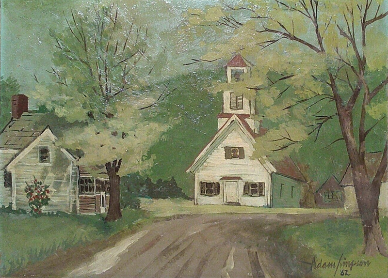 ADAM SIMPSON (AMERICAN, 20TH C) 1962, SIGNED O/B RURAL LANDSCAPE, ORIG OAK FRAME