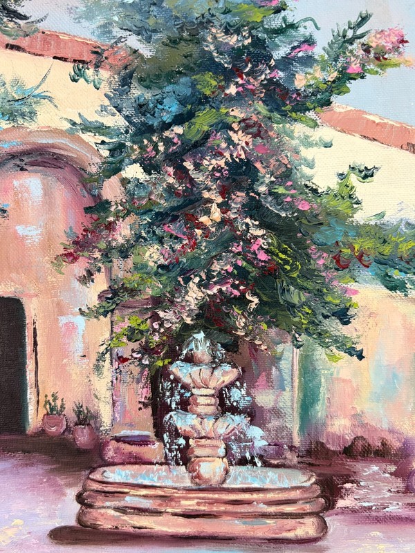 Mission Fountain Oil Painting Signed Lilly Sadige Framed Courtyard gallery