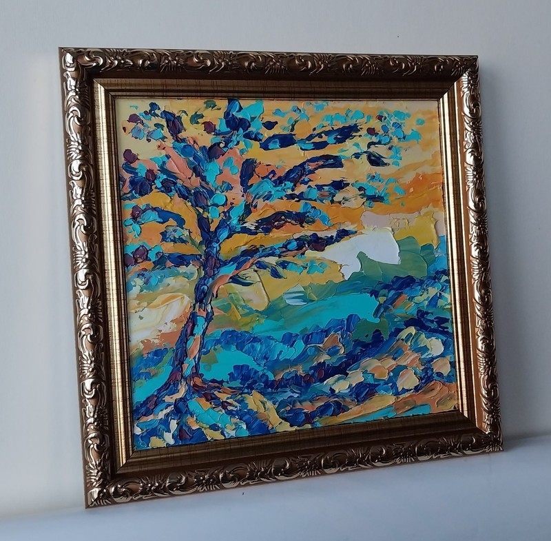 Framed Abstract Tree Landscape Lonely Tree Art 6x6 Impasto Oil Painting Original gallery