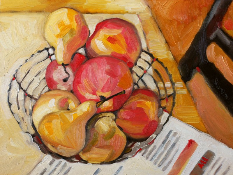 Original Painting Oil on Gessobord Pears in Wired Basket