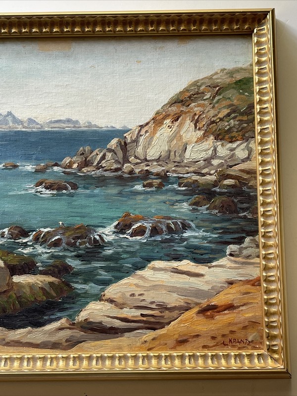 KRANTZ PAINTING ANTIQUE AMERICAN COASTAL IMPRESSIONISM LANDSCAPE BEACH AS IS gallery
