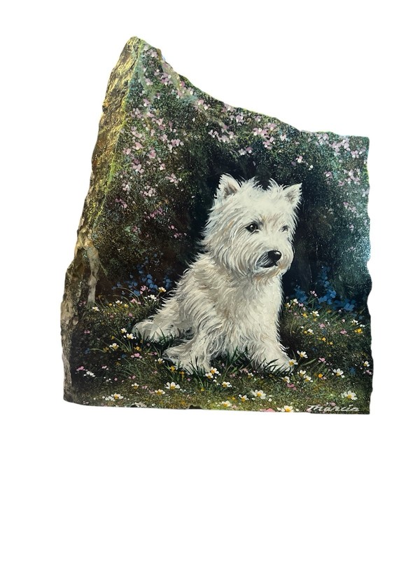 MARCIA ABRAMSOHN PAINTING ANTIQUE MARBLE WESTIE TERRIER + FLOWERS SIGNED MARCIA!