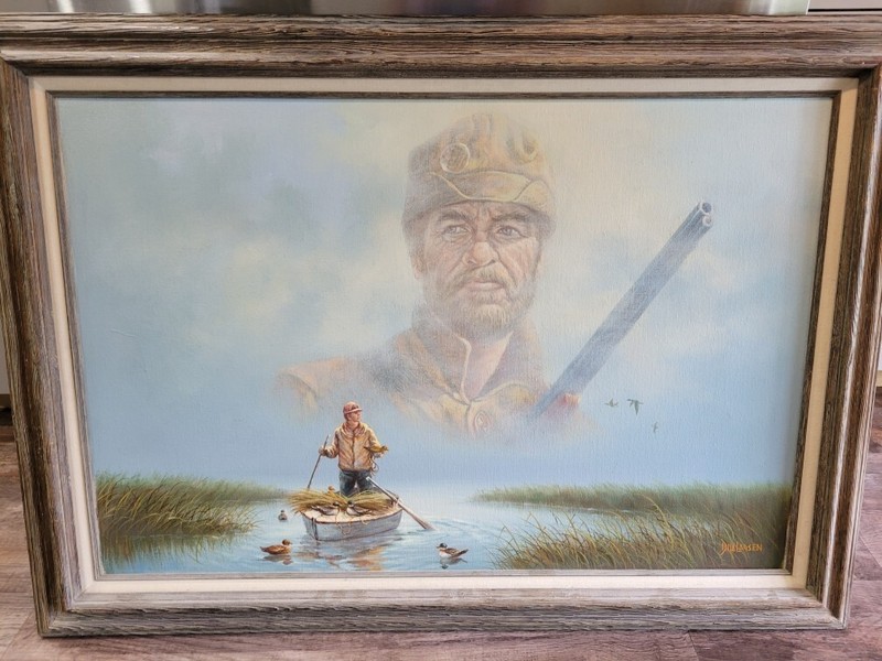 Bill Larsen Signed Original Oil Painting Duck Hunting Hunter Marsh Boat Cabin