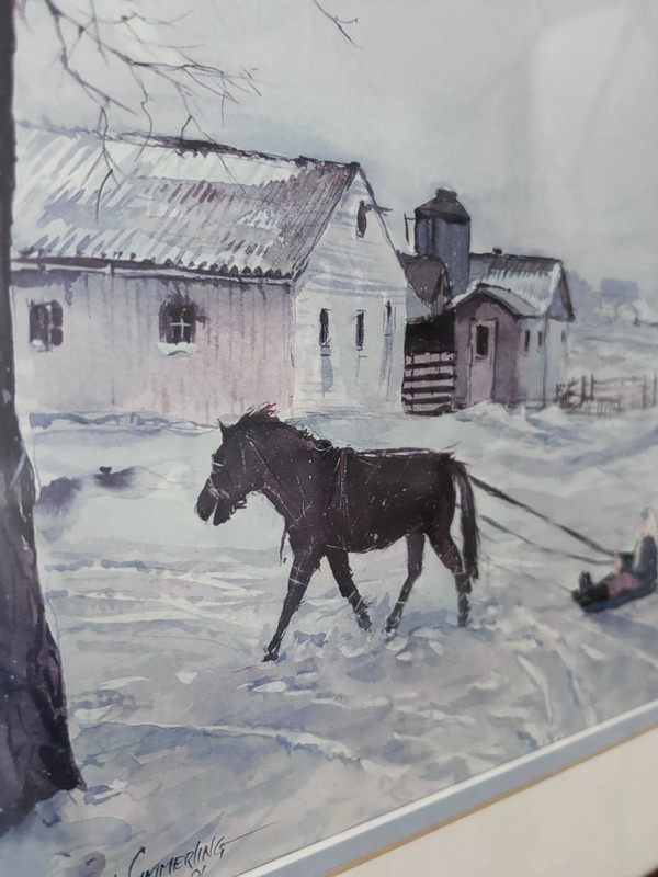 Jack Simmering Original Watercolor Painting Amish Children Sledding Signed Frame gallery