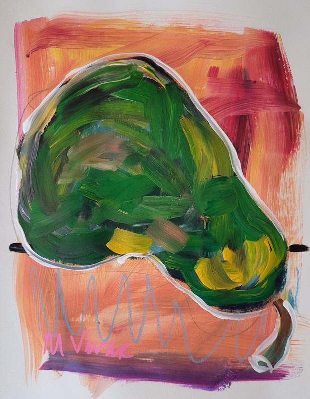 MONA VIVAR Original 11×14 Colorful Kitchen Pear Fruit Abstract Fine Art Painting
